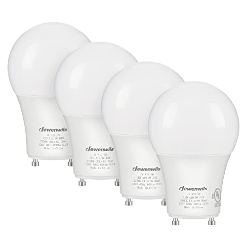 DEWENWILS GU24 LED Light Bulb, 60W Equivalent, Dimmable 2 Prong Light Bulbs, 2700K Warm White, 9W 800 Lumens, A19 Shape Bulbs, GU24 Twist Lock Base, UL Listed, 4 Pack