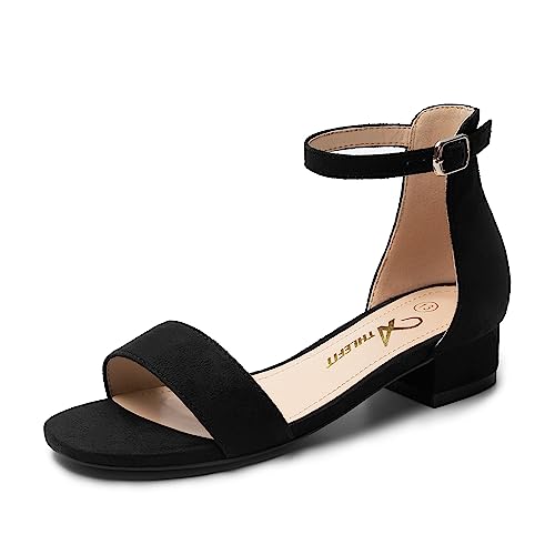 Athlefit Girls Sandals Open Toe Ankle Strap Low Heels Flower Girl Dress Shoes For Toddler Little Big Kid Black/Pu Size 10