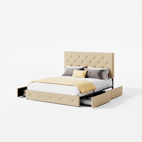 SHA CERLIN Upholstered King Size Platform Bed Frame with 4 Storage Drawers, Adjustable Headboard with Diamond Stitched Button Tufted Design, Wooden Slat Support, No Box Spring Needed, Black