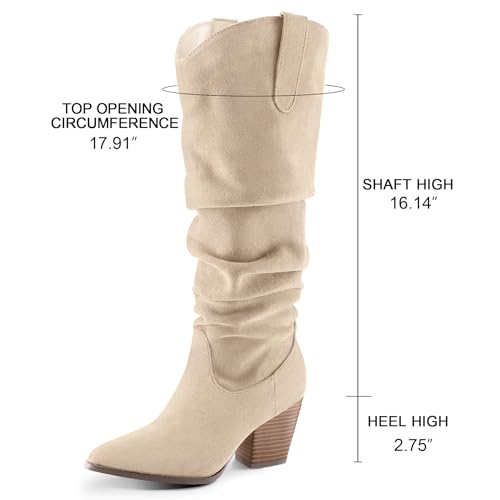 mysoft Women's Cowboy Knee-High Boots Pointed Toe Mid Chunky Heel Pull On Slouchy Boots with Zippers