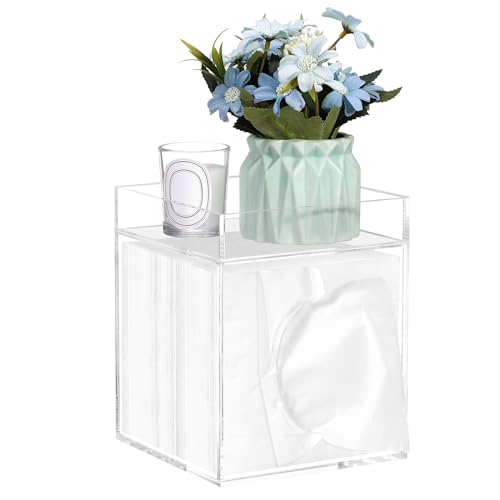 Tissue Box Cover, Bamboo Tissue Box Cover with Storage Tray Square Tissue Box Covers Holder for Bathroom, Bedroom, Dinner Table, Office, Tabletop 6" x 6" x 7.4"