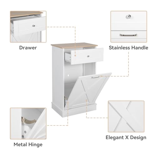 Puluomis Tilt Out Trash Cabinet-Free Standing Kitchen Waste Bin-Wooden Recycling Trash Cabinet with Drawer-Grey
