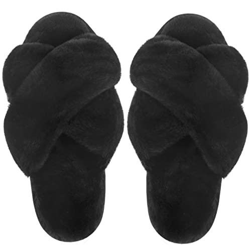 VONMAY Women's Soft Cross Band Slippers Plush Furry Slides Faux Fur Open Toe Comfy Slip On House Shoes, Grey, Size 5-6