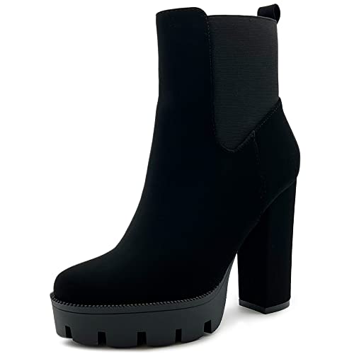 Ollio Women's Shoes Faux Nubuck Platform Stacked High Heels Ankle Boots H107 (6 B(M) US, Black-NB)