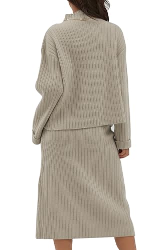 CHYRII Womens Fashion Two Piece Outfits Mock Neck Oversized Sweater Tops Skirt Sets Sweater Dress Lounge Sets Beige XS