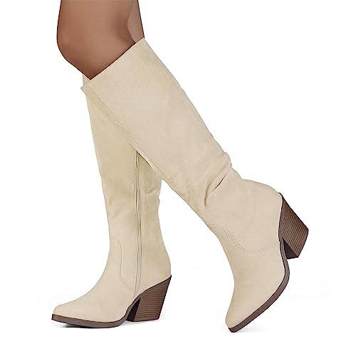 Putu Women's Pointed Toe Knee High Boots Faux Suede Stacked Chunky Heel Boots Side Zipper Slouchy High Boots Beige 5.5
