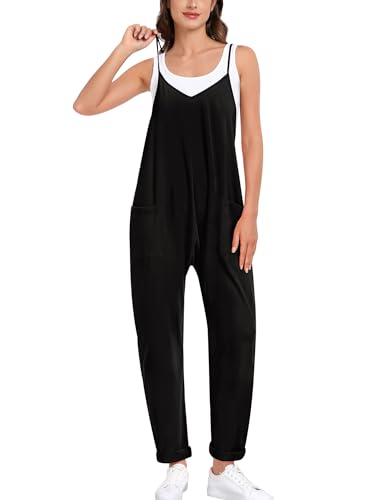 SWOMOG Women's Causal Jumpsuits V Neck Sleeveless Harem Overalls Stretchy Adjustable Strap Romper with Pockets Khaki Small
