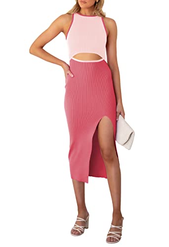 Pink Queen Women's Sexy Cutout Midi Dress Summer Beach Outfits Sleeveless Ribbed Knit Bodycon Dresses Khaki L