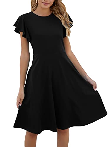 Fit and Flare Dress for Womens Petite Elegant Vintage Ruffle Sleeves V-Back Casual Work A-Line Cocktail Party Dresses with Pockets 842 Navy Blue S