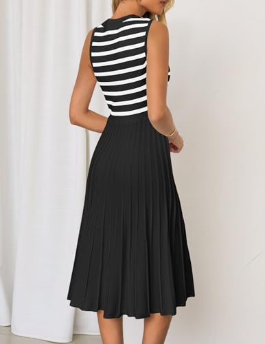 ZESICA Women's Sleeveless Striped Midi Dress Summer Crewneck Button Knit Swing Pleated A Line Casual Dresses,Beige,Small