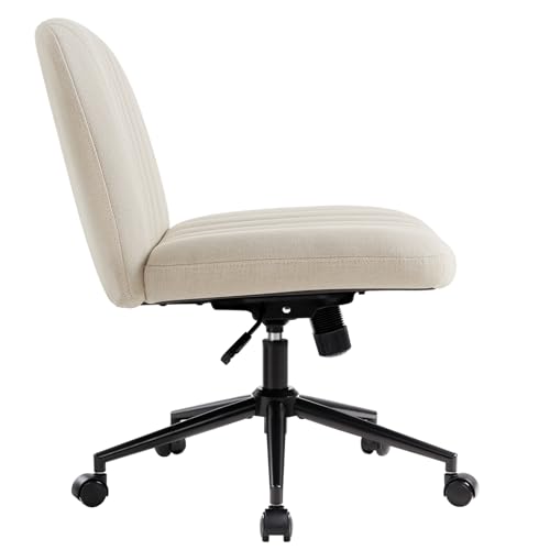 IWMH Armless Wide Seat Office Chair, Criss Cross Legged Desk Chair with Wheels, Height Adjustable Computer Task Chair,Wide Seat Swivel Vanity Chair for Home,Office,Bedroom, Make Up, Small Space,Beige
