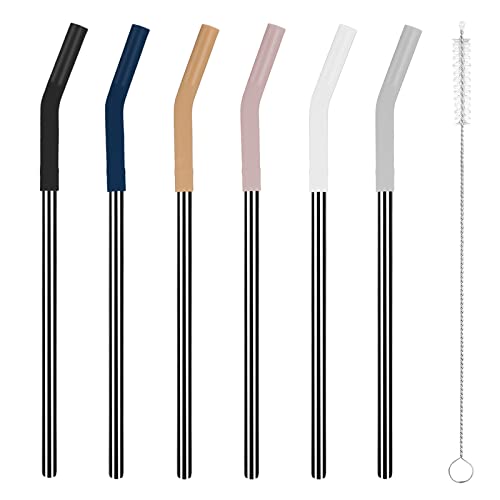 Tronco Set of 6 Stainless Steel Reusable Metal Straws with Silicone Flex Tips Elbows Cover, Metal Drinking Straws for Tronco Tumbler, 6 Steel Straws,6 Silicone Tips,1 Straw Cleaning Brush(Black)
