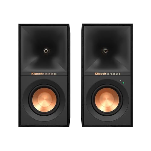 Klipsch Reference R-40PM Powered Bookshelf Speakers - 90-Degree x 90-Degree Tractrix Horn - Linear Travel Suspension - Sleek, Modern Appearance