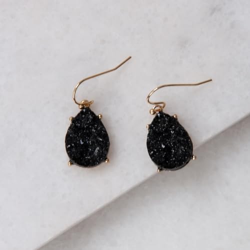 Gold and Black Earrings for Women Dangle - Black and Gold Earrings for Women, Black Dangle Earrings for Women Black Sparkly Earrings, Long Black Drop Earrings, Teardrop Simulated Black Druzy Earrings