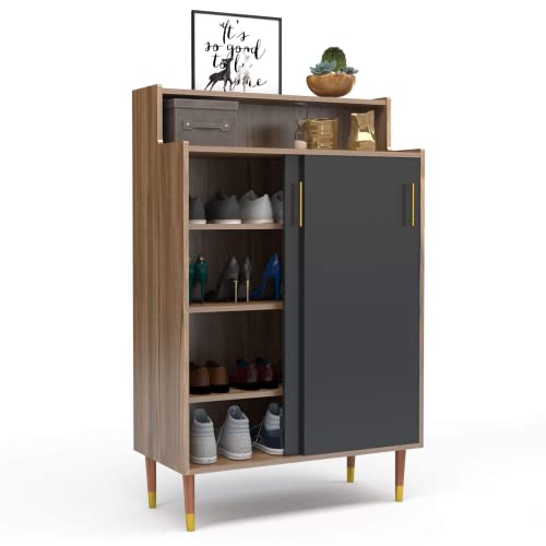 Alohappy Shoe Cabinet, 4-tier Freestanding Shoe Rack Storage Organizer Sliding Doors & Wood Legs, Modern Shoe Storage Cabinet opening shelf Hallway Entryway Living Room Bathroom (Walnut& Black)