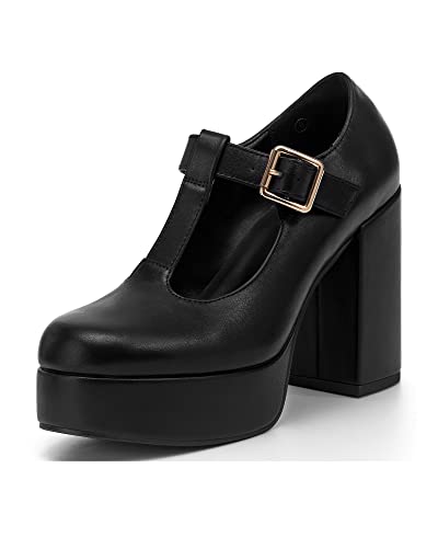 Coutgo Black Platform Heels for Women T-Strap Patent Chunky Heel Mary Jane Shoes