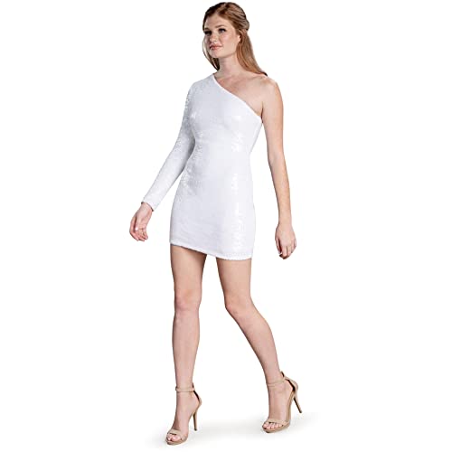 Dress the Population Women's Serena Sequin, Mini, Bodycon, Asymmetric Neck Dress, Fuchsia Multi, XX-Small