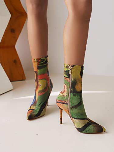vivianly Women's Sexy Pointy Toe Stiletto Heels Ankle Boots Printed Stretchy Sock Booties Size 12