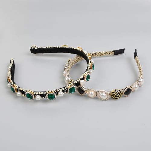Huachi Rhinestone Baroque Crystal Pearl Wide Headband for Women - Elastic Glitter Green Jeweled Bridal Luxury Hairband