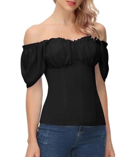 Summer Tops for Women Off Shoulder Short Sleeve Shirt Dressy Casual Flutter Sleeve Frill Renaissance Shirt Beige S