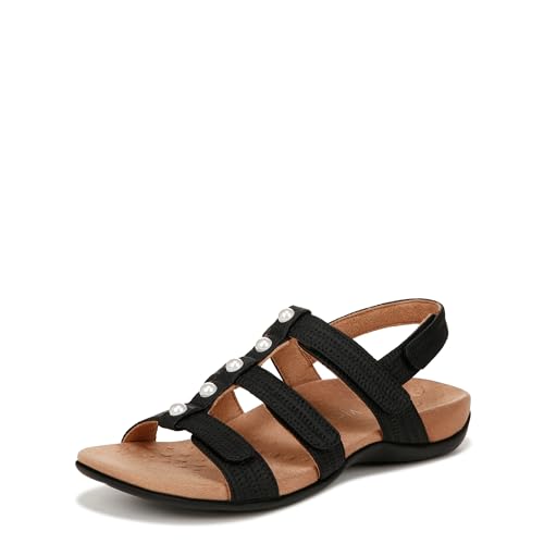 VIONIC Women's Amber Pearl Ankle Straps Heeled Sandal, Black Woven Faux Leather, 8.5