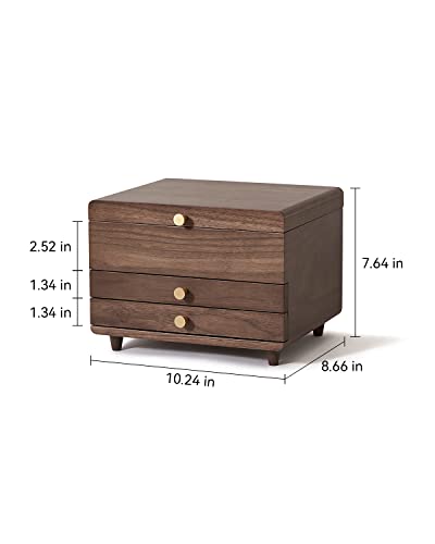 CHOSIN Wooden Jewelry Box, 3 Layer Large Jewelry Organizer for Women, Black Walnut Solid Wood, Jewelry Storage for Necklaces Rings Earring Watches Bracelets Birthday Gifts (No Mirror)