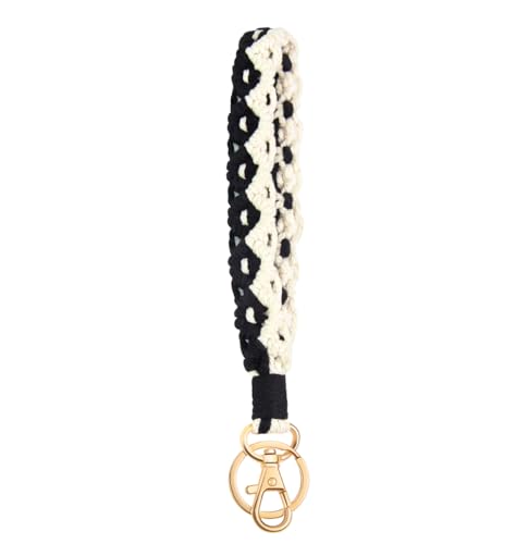 LOLAHA Macrame Keychain Wristlet Keychains for Women Cute Keychain Bracelet Keyring Wrist Lanyard for Key Chains for Car Keys Wrist Keychain Wristlet Strap Black White Keychian ID Badge Wallet Holder