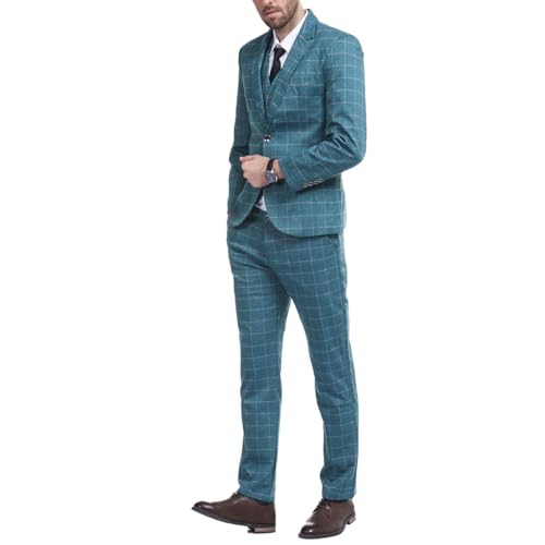 Cloudstyle Men's Suit Plaid Modern Fit 3-Piece Suit Center Vent Blazer Jacket Tux Vest & Trousers Blue