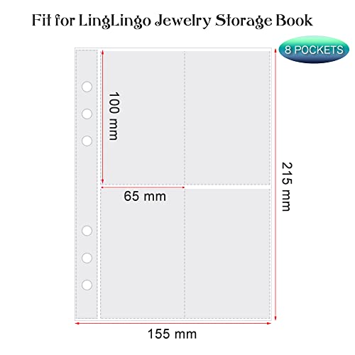LingLingo Clear Double-Sided Refill Inner Pages for Transparent Jewelry Storage Book 6 Ring Binder, 20 Sheets 160 Pockets