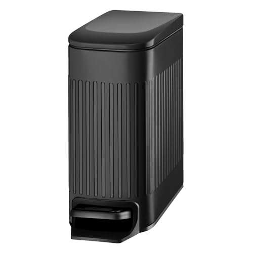 TIPGO Slim Bathroom Trash Can with Lid Soft Close, 6 Liter / 1.6 Gallon Stainless Steel Garbage Can with Removable Inner Bucket, Foot Pedal, Small Trash Cans for Bedroom, Office, Kitchen (Black)