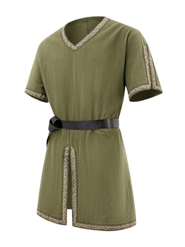 Runcati Mens Medieval Pirate Tunic Renaissance Viking Knight Costume Linen Short Sleeve LARP Halloween Tops