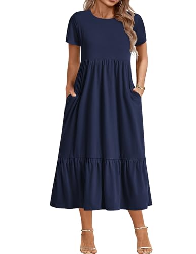 IN'VOLAND Plus Size Womens Summer Casual Short Sleeve Crewneck Swing Dress Flowy Tiered Maxi Beach Dress with Pockets Green