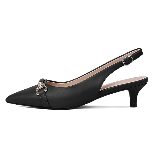 AUMOTED Women Kitten Slingback Low Heel Pumps with Buckle Bow Ankle Strap Pointed Toe Dress Shoes 1.6 Inch Patent Ocean Blue US Size 8.5