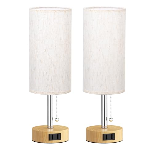 Fenmzee White Silver Bedside Table Lamps Set of 2-3 Color Temperatures Pull Chain Lamp with AC Outlet Charging Port, Two Round Night Stand Lamps for Bedroom, Small Bed Side Light with E26 LED Bulbs