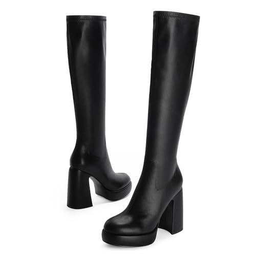 Modatope Knee High Boots for Women Platform Black Boots Womens Platform Chunky Heel Boots Women High Heel Rounded Toe Side Zipper Tall Boots Size 6.5