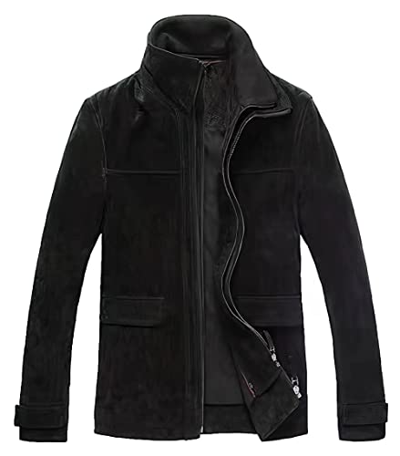 FLAVOR Men's Classic Leather Jacket Suede Winter Coat with Removable Collar (Small, Black)