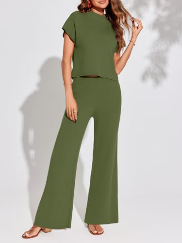 Imily Bela Women's 2 Piece Outfits Sweater Knit Sets Mock Neck Short Sleeve Tops Wide Leg Pants Casual Tracksuit