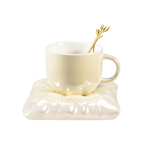 Koythin Ceramic Coffee Mug with Saucer, Creative Cute Cup with Pillow Coaster for Office and Home, 8.5 oz/250 ml for Tea Latte Milk (Pearl Blue)