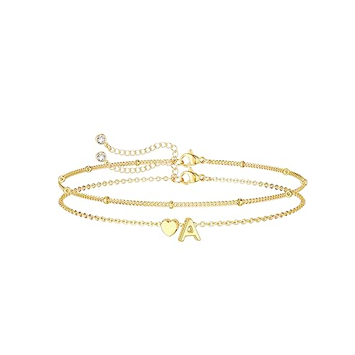 DEARMAY Dainty Initial Heart Gold Bracelets for Women Trendy, 14K Real Gold Letter Charm Bracelet Jewelry Cute Simple Fashion Chain Bracelets for Women Gift L