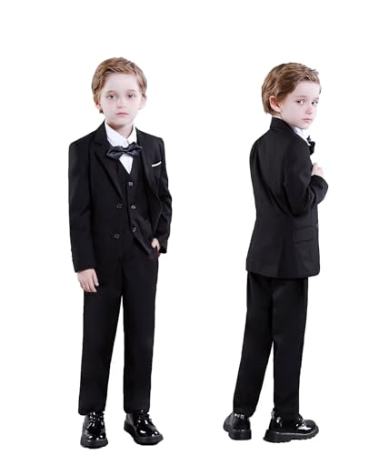 Fxzpiodi Suit for Boys Slim Fit Wedding Outfit Suit Size 2-20 Kids 6 Piece Tuxedo Solid Formal Dresswear of Jacket Vest Pants Shirt and Tie Black 20