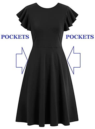 Fit and Flare Dress for Womens Petite Elegant Vintage Ruffle Sleeves V-Back Casual Work A-Line Cocktail Party Dresses with Pockets 842 Navy Blue S