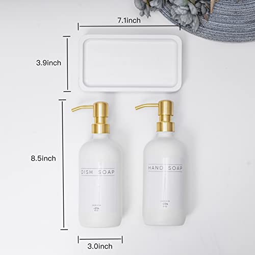 Janxin Glass Soap Dispenser for Kitchen with Stainless Steel Pump and Wood Tray, Modern Bathroom Soap Dispenser with Waterproof Labels for Hand Soap, Dish Soap, Lotion (Amber Bottles+Black Pumps)
