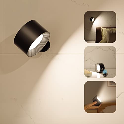 Deyagoo LED Wall Sconce, Wall Mounted Lamp with Rechargeable Battery Operated 3 Color Temperature & 3 Brightness Level 360°Rotate Magnetic Ball, Cordless Wall Light for Reading Bedside-Black