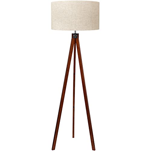 LEPOWER Wood Tripod Floor Lamp, Mid Century Standing Lamp, Modern Design Studying Light for Living Room, Bedroom, Study Room and Office, Flaxen Lamp Shade with E26 Lamp Base Walnut