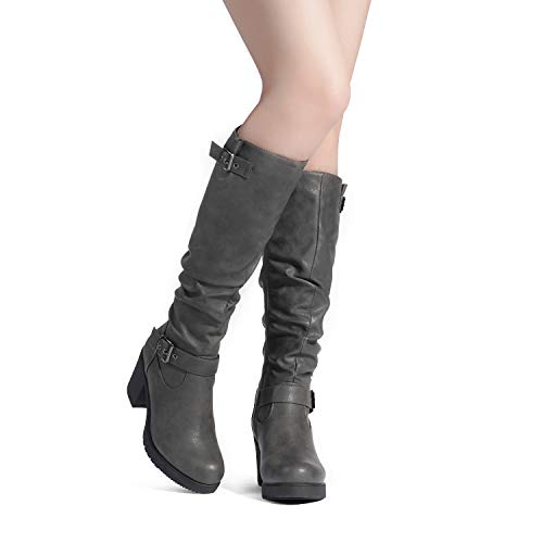 DREAM PAIRS Women's Black Chunky Heel Knee High Boots Side Zipper Round Toe Boots with Faux Fur Lining,Size 10,Grey,CHAI-1