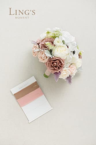 Ling's Moment Dusty Rose Bridal Bouquet for Bride, Blush Pink Wedding Bouquets for Bride, 13 Inch Silk Round Artificial Wedding Flowers Bouquets