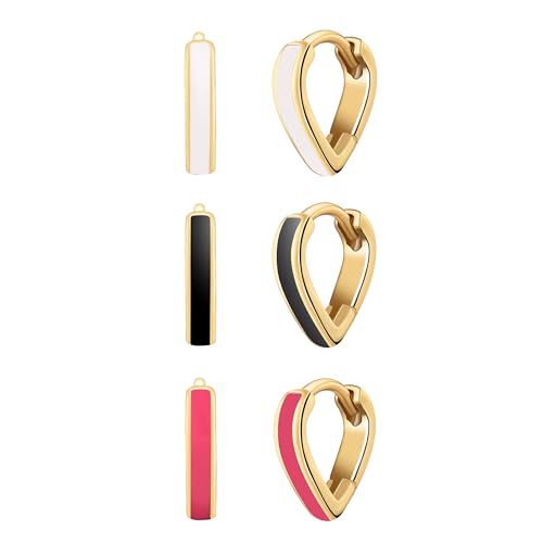 JINEAR 3 Pairs Heart Enamel Earrings for Women, 14K Gold Small Hoop Earrings Heart Enamel Earrings Dainty Heart Huggie Earring Gifts