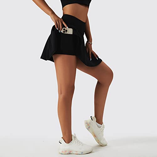 Tennis Outfits for Women 2 Piece High Waist Pleated Tennis Skirt with Shorts and Pockets Short Sleeve Crop Golf Skort Skirt Athletic Workout Outfits Skirts Sets Black Small