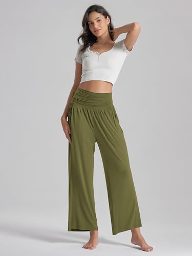 ODODOS Women's Wide Leg Palazzo Lounge Pants with Pockets Light Weight Loose Comfy Casual Pajama Pants-32 inseam, Navy, X-Large