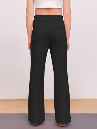 Haloumoning Girl's Flare Pants Kids High Waisted Button Multiple Pockets Yoga Bootcut Pants Full Length Bell Bottoms Black